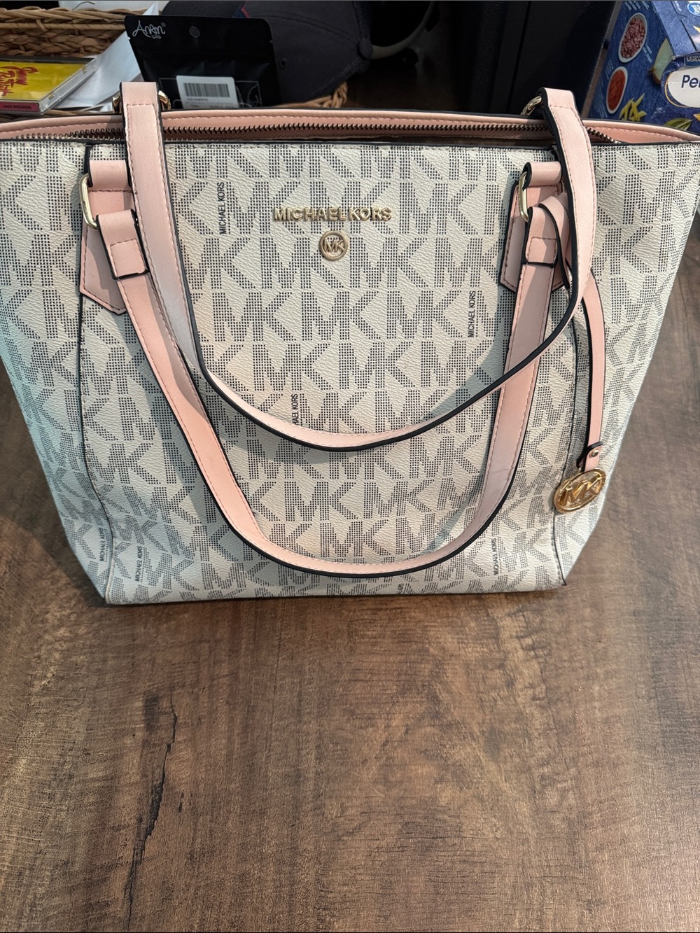 Michael Kors Beige Logo Tote with Pink Trim